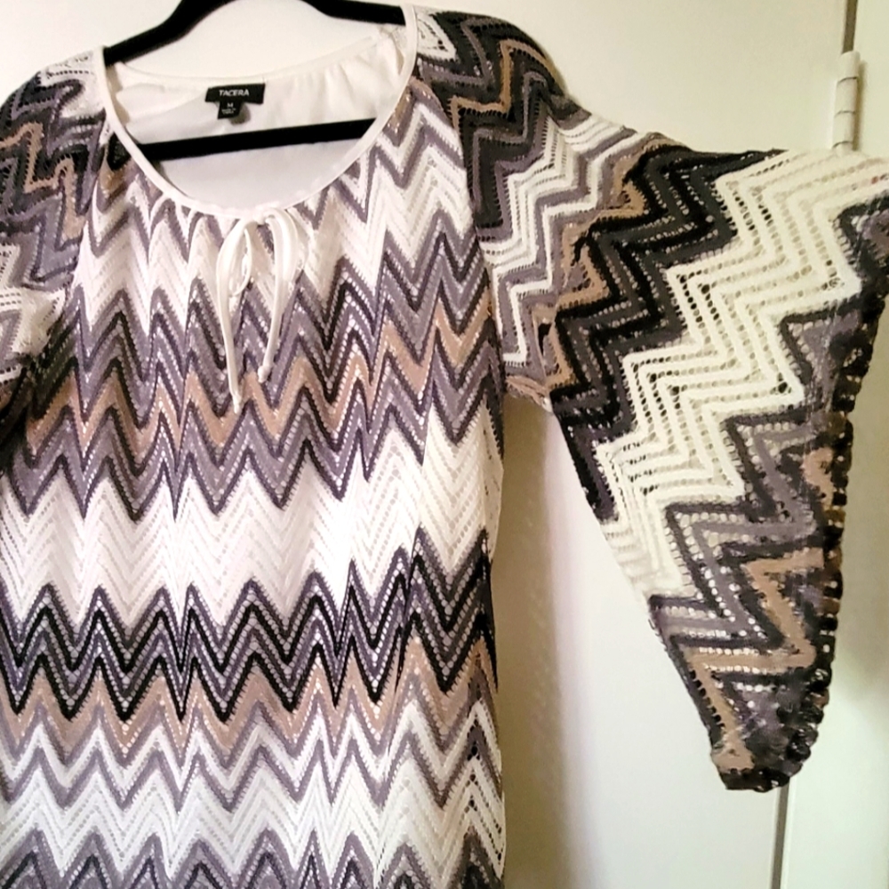 Tacera Women's Grey Chevron Sheer Blouse Bell Sleeves Medium Size.